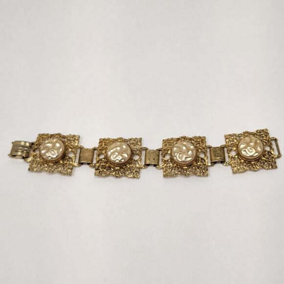Filigree Gold Tone Panel Link Bracelet Faux Pearl Chunky Ornate Statement Retro - Picture 5 of 6